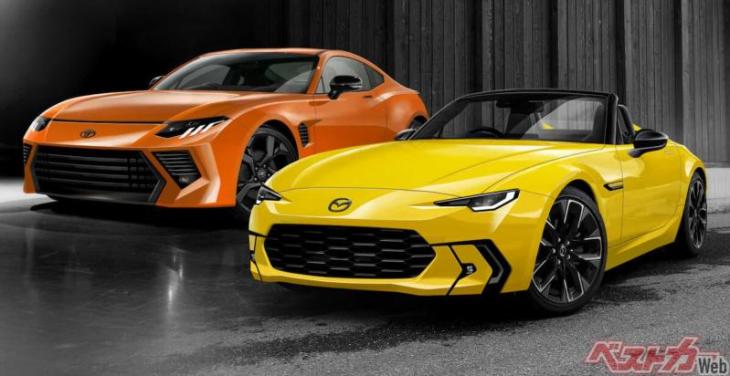 Слева рендер нового Toyota GR86, справа – родственной ему Mazda MX-5 следующей генерации