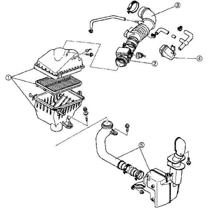 1. Воздушный фильтр; 2. Датчик потока воздуха; 3. Воздухозаборный патрубок; 4. Резонатор; 5. Шланг…