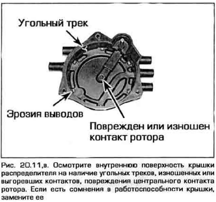 11. Снимите крышку распределителя, ослабив винты ее крепления (рис 20.11,а). Осмотрите крышку на…