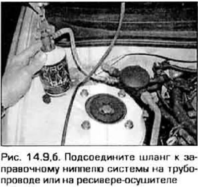 9. Набавите комплет за пуњење (слика 14.9, а). Комплет садржи лименку расхладног средства R-134a од…