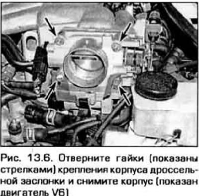 6. Remove the four nuts (or bolts) securing the throttle body (figure 13.6) and remove it together…