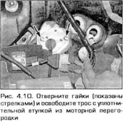 10. Відкрутіть дві гайки кріплення пластини, що фіксує в моторній перегородці ущільнювальну втулку…