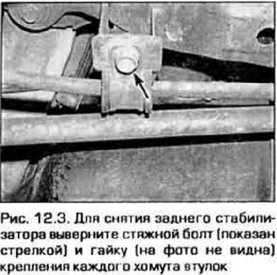 3. Викрутіть болти кріплення опорних втулок стабілізатора (малюнок 12.3). Зніміть стабілізатор.