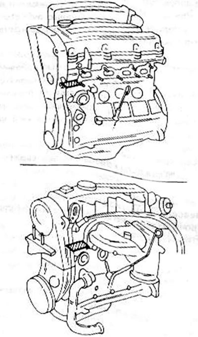 Рис. 2. Местонахождения номера двигателя: На верхнем рисунке — у DOHC-двигателя; на нижнем рисунке…