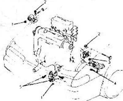 Рис. 12. Вид на двигатель и подвеску коробки передач с моментом затяжки: 1. Гайка. 67-93 Т-Кт; 2.…