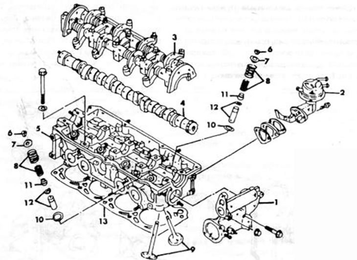 Рис. 24. Монтажный рисунок головки блока цилиндров (8 клапанов): 1. Задняя крышка; 2. Топливный…