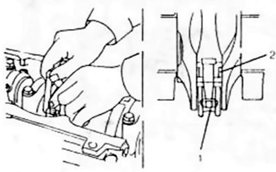 Рис. 29. Контроль осевой игры шатуна. 1. Крышка подшипника шатуна; 2. Измерительный щуп (место…