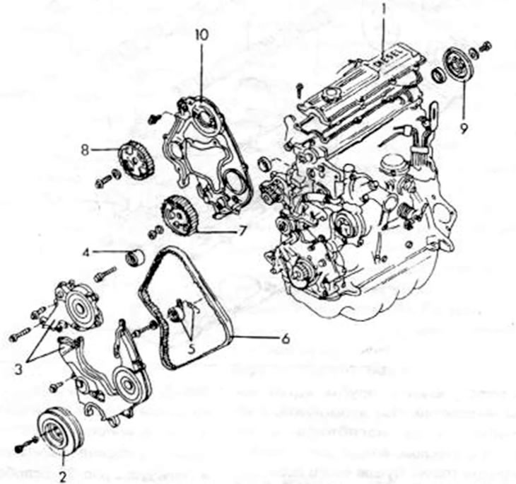 Рис. 34. Детали системы управления дизельного двигателя 1. Кожух головки блока цилиндров; 2. Шкив…
