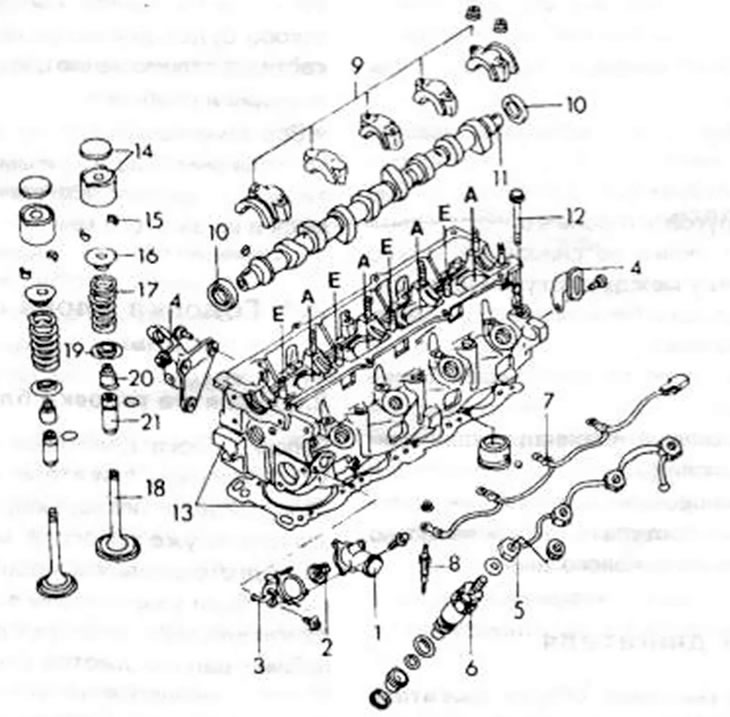 Рис. 40. Монтажный рисунок головки блока цилиндров дизельного мотора 1. Крышка термостата; 2.…