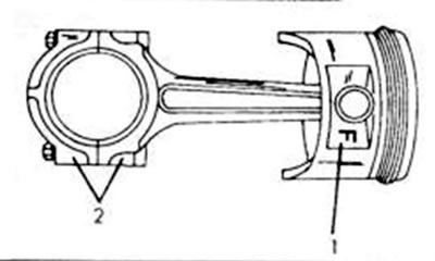 Рис. 90. Выверка поршня и шатуна для DOHC-двигателя. Маркировка «F» (1) и обозначения шатуна (2)…