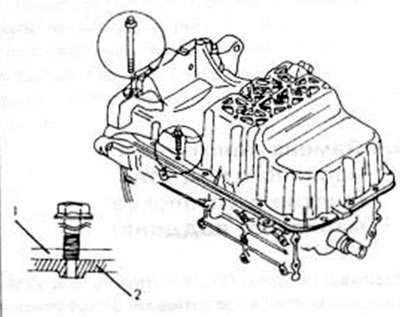 Рис. 110. Подробности снятия масляного поддона DOHC-двигателя. Заметить болты (А) в место (В) (на…