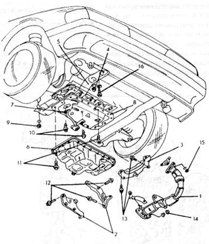 Рис. 111. Подробности снятия и установки масляного поддона у бензинового двигателя 1. Выхлопная…