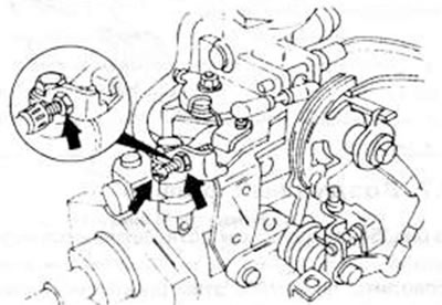 Рис.153. Положеньие регулировочного болта для холостого хода. Болт стопорится контргайкой