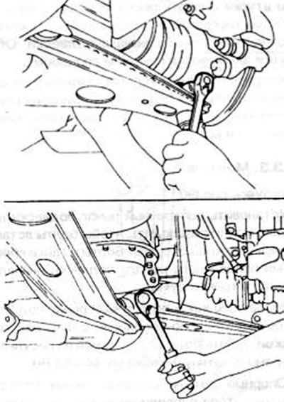 Рис. 191. Снятие шарового шарнира подвески с поворотного кулака (вверху) и освобождено поперечного…