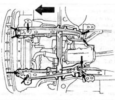 Рис. 192. При установленном четырех колесном управлении освободить показанные стрелками болты…