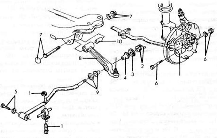 Рис.204. Отдельные детали подвески заднего колеса при установленном управлении четырех колес: 1.…