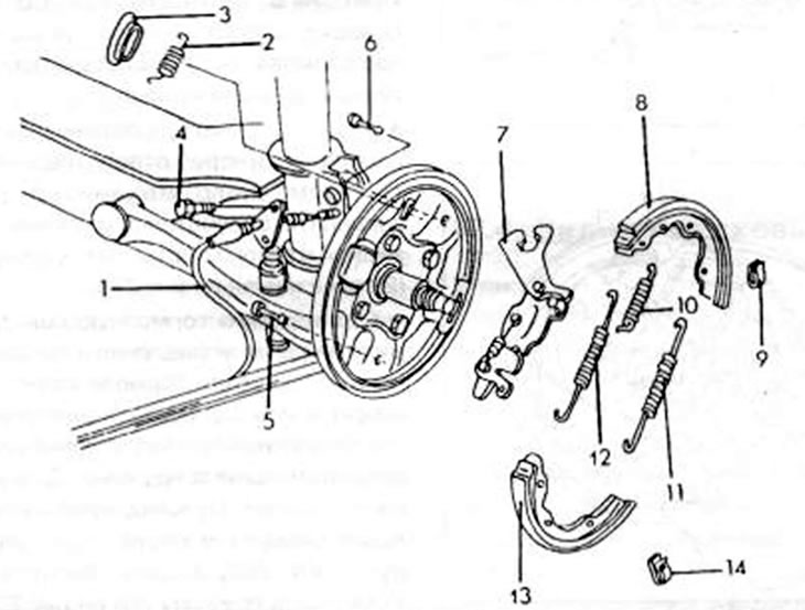 Рис. 226. Детали тормоза заднего колеса. 1. Трос ручного тормоза; 2. Возвратная пружина; 3.…