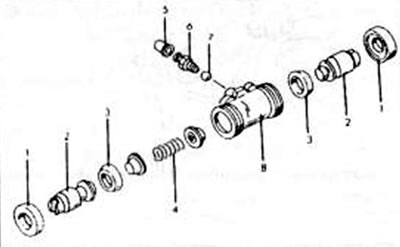 Рис.232. Монтажный рисунок цилиндра тормоза колоса. 1. Пылезащитный колпачок; 2. Поршень; 3 Манжета…