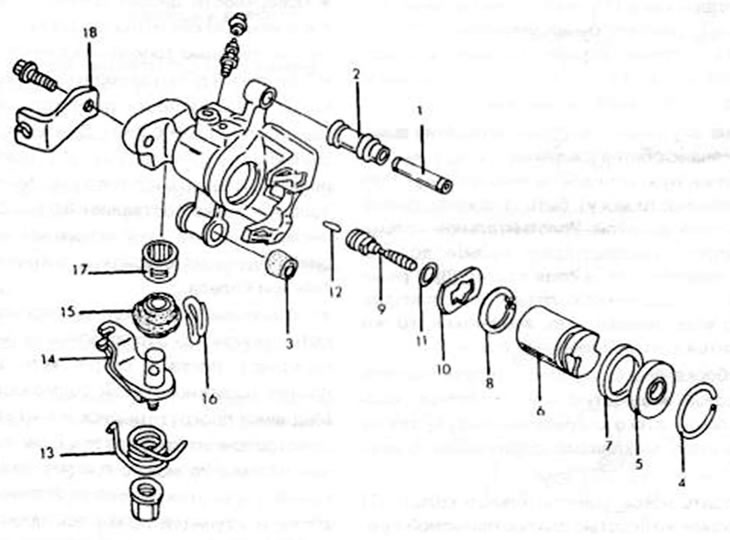 Рис. 237. Монтажный рисунок нижнего суппорта дискового тормозного механизма. 1. Направляющий болт…