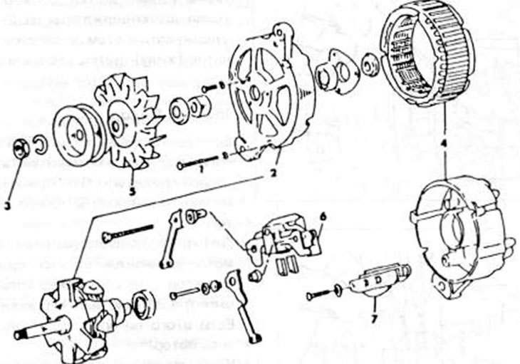 Рис.246. Монтажный рисунок босщеточного генератора перекидного тока. 1. Болт крепления; 2. Передняя…