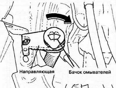 3. Правая сторона: снимите бачок омывателя с направляющей.