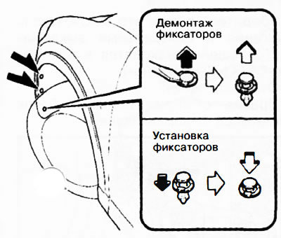 3. Вытяните сердечники пластмассовых фиксаторов и демонтируйте фиксаторы.