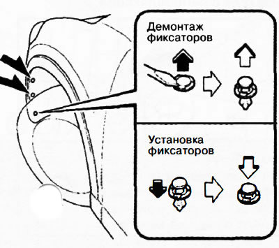 3. Вытяните сердечники пластмассовых фиксаторов и демонтируйте фиксаторы.