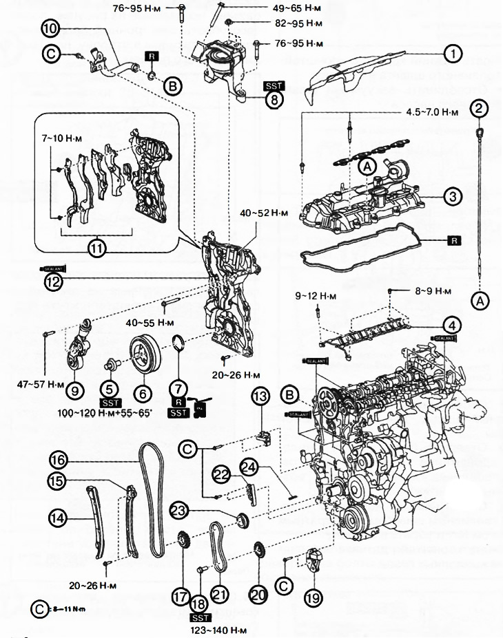 Снятие и установка цепи привода газораспределительного механизма (Мазда ...