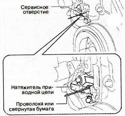 Note: Before depressing the timing chain tensioner plunger, insert a piece of wire or rolled up…