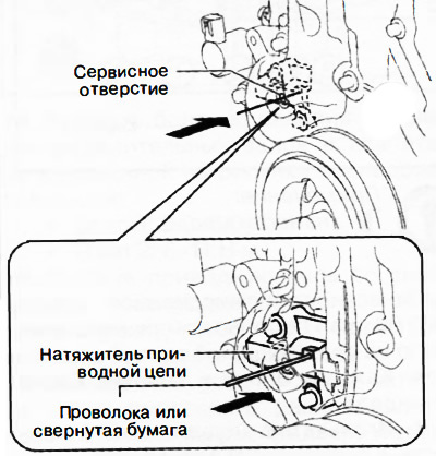 After pressing the plunger into the tensioner, feed the wire or rolled paper further into the hole.