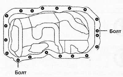 31. Установить масляный поддон на блок цилиндров и наживить два болта, показанных на рисунке.
