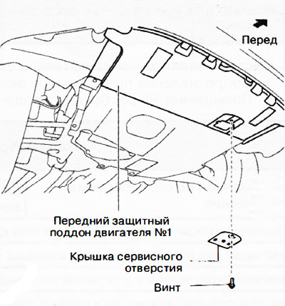 2. Снять крышку сервисного отверстия (в переднем защитном поддоне №1 двигателя), предназначенного…