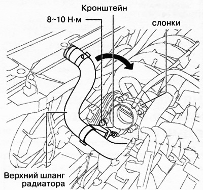 8. Снять показанный на рисунке кронштейн с корпуса дроссельной заслонки и убрать верхний шланг…