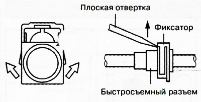 9. Отсоединить быстросъемный разъем, поддев фиксатор плоской отверткой или подобным инструментом.