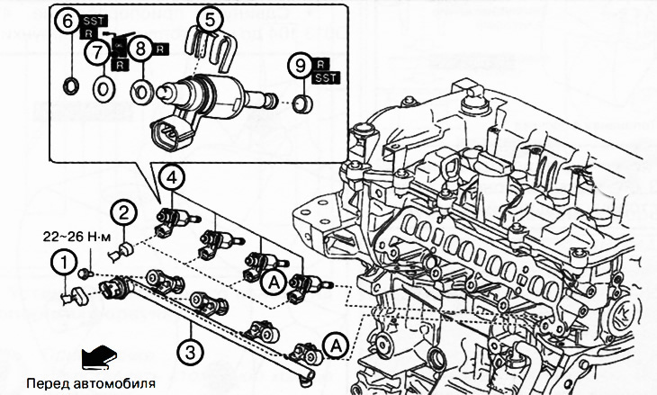 1. Разъем датчика давления топлива.