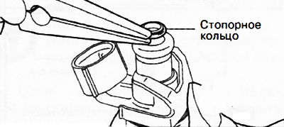 11. Удалить стопорное кольцо с форсунки, как показано на рисунке.