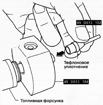 Установить приспособление 49 0013 102 с тефлоновым кольцом на кончик топливной форсунки.