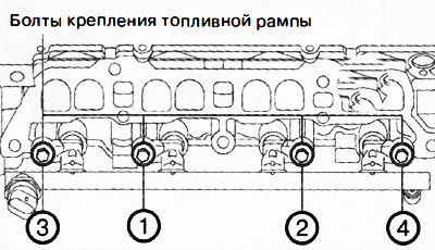 Затянуть болты крепления топливной рампы на полоборота в указанной на рисунке последовательности.