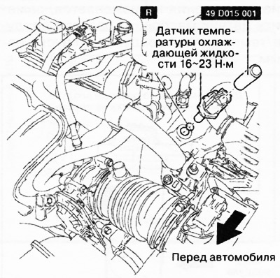 8. За допомогою спеціального пристрою зняти датчик температури охолоджуючої рідини.