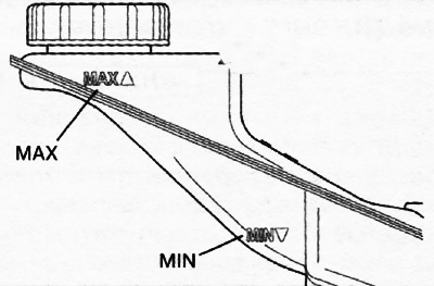 1. Убедиться в том, что рабочая жидкость гидропривода сцепления находиться между метками MIN и МАХ.