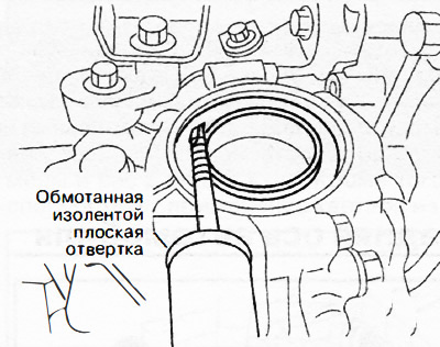 4. Vložte plochý skrutkovač obalený elektrickou páskou do okraja pravého olejového tesnenia č. 2,…
