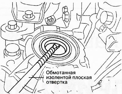 4. Odstráňte olejové tesnenie pomocou plochého skrutkovača obaleného elektrickou páskou.