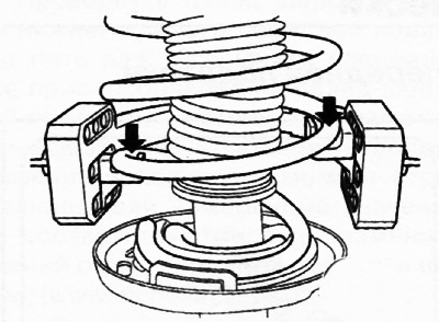 Nainštalujte predný tlmič s vinutou pružinou na špeciálny nástroj tak, aby bola vinutá pružina…