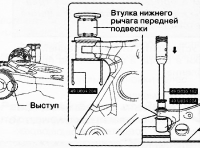 С помощью специальных приспособлений установить втулку в нижний рычаг задней подвески.