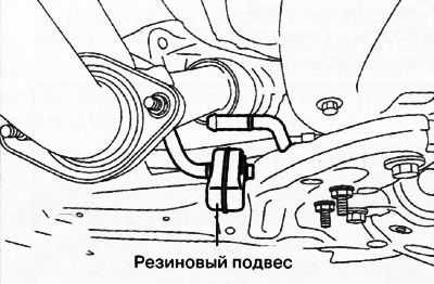 11. Отсоединить резиновый подвес от переднего подрамника и убрать в сторону.