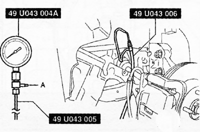7. Установить специальное оборудование на тормозной трубопровод, как показано на рисунке.