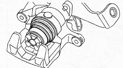 Illessze be a dugattyúra szerelt csomagtartó széleit a féknyereg hornyába az ábrán látható módon.