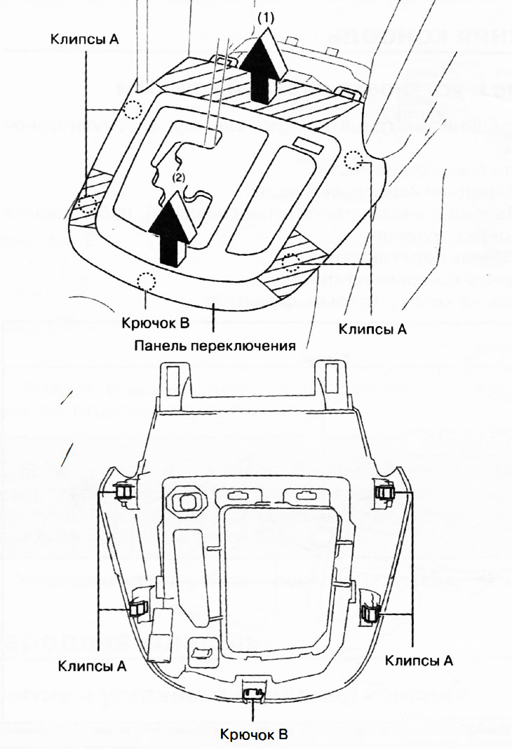 4. Взявшись за заштрихованную на рисунке участок, снять панель переключения в направлении стрелок в…