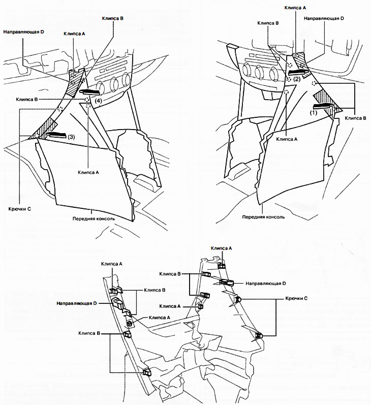 3. Trzymając za zacienione miejsca na rysunku zdemontować konsolę przednią w kierunku strzałek w…