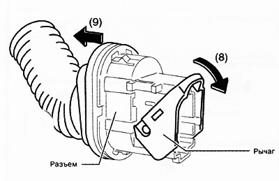 Опустить рычаг в направлении стрелки (8) и отсоединить разъем в направлении стрелки (9).